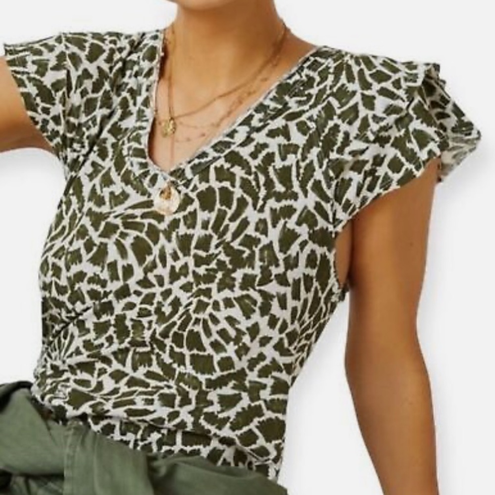 Maeve Catie Ruffle-Sleeved Tee XS Green Geometric Animal Print Anthropologie